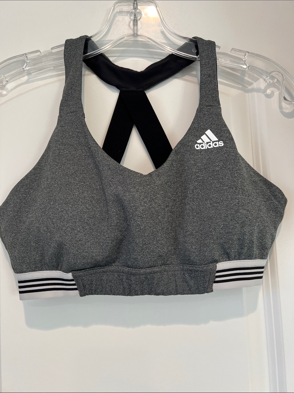 Adidas Gray Heather Cross-Back Sports Bra with White and Black Striped Band